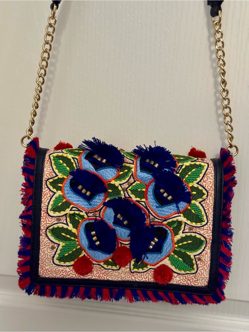 Tory Burch Embroidered Floral Fringe Crossbody in Blue, Red, Green and Gold
